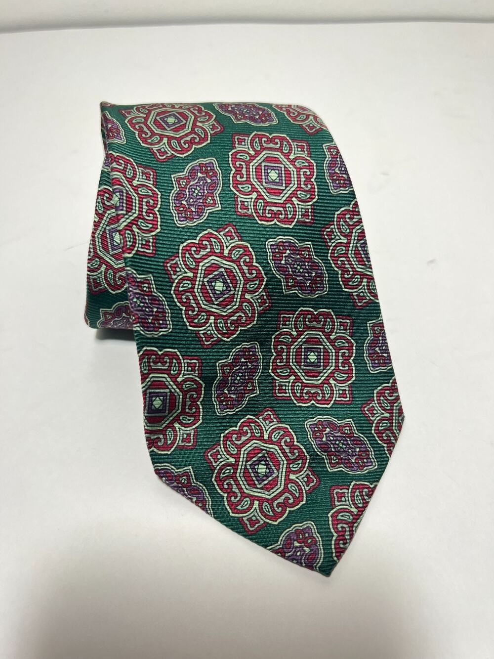 VTG Polo Ralph Lauren EUC Green Geometric Medallion 100% Silk Tie 56" x 3.75"